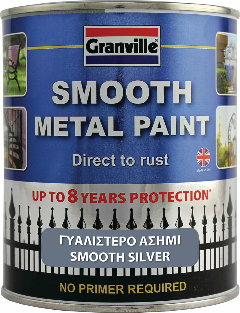 Granville Smooth Silver Finish Direct To Rust Metal Brush On Paint Tin +Caps