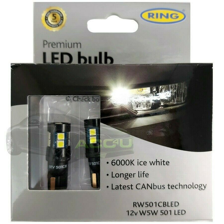 Ring 12v Car W5W 501 Canbus Error Free 6000K White LED Interior & Side Light Bulbs Set