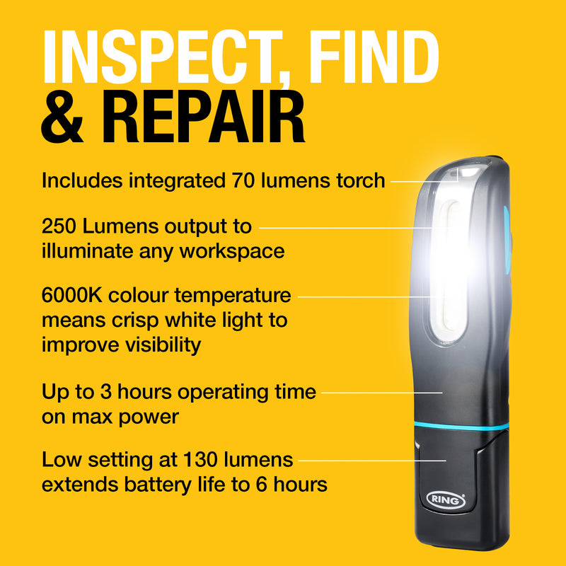 Ring RIL6100 MAGFLEX Mini Rechargeable Handheld LED Inspection Work Lamp Light +Caps
