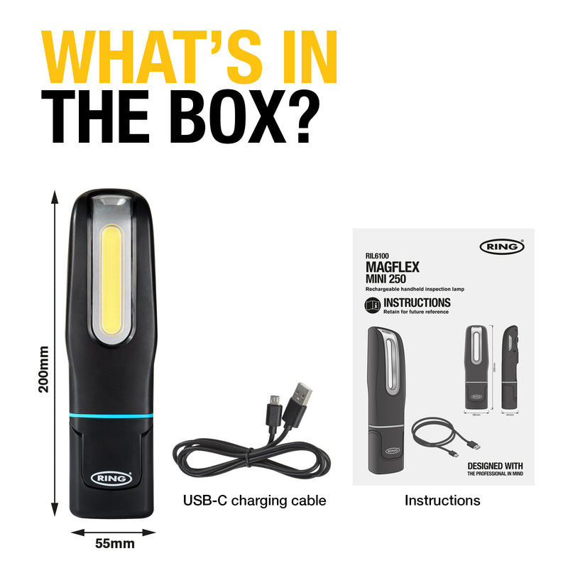 Ring RIL6100 MAGFLEX Mini Rechargeable Handheld LED Inspection Work Lamp Light +Caps
