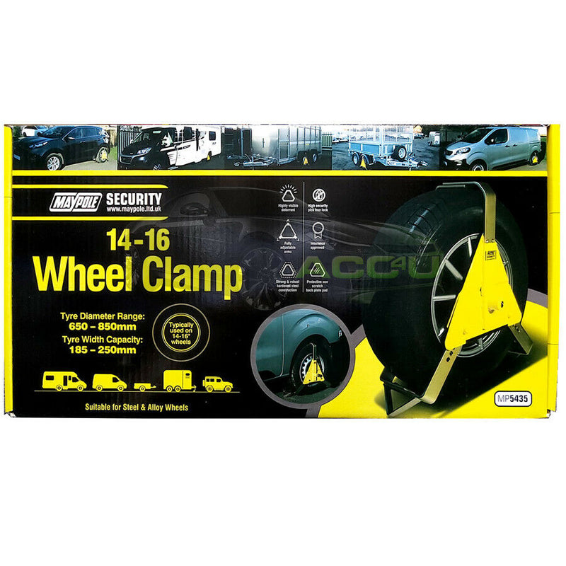 Maypole MP5435 14" to 16" inch Heavy Duty Car Caravan Trailer Security Wheel Clamp +Caps