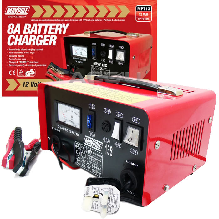 Maypole MP713 12v 8 Amp 20Ah to 90Ah Metal Case Car Van Lead Acid Battery Charger