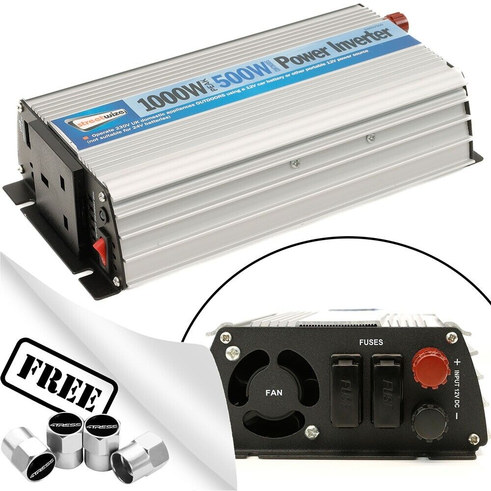12v Car Battery to 230v Home Mains Socket USB 1000w Peak Power Inverter +Caps