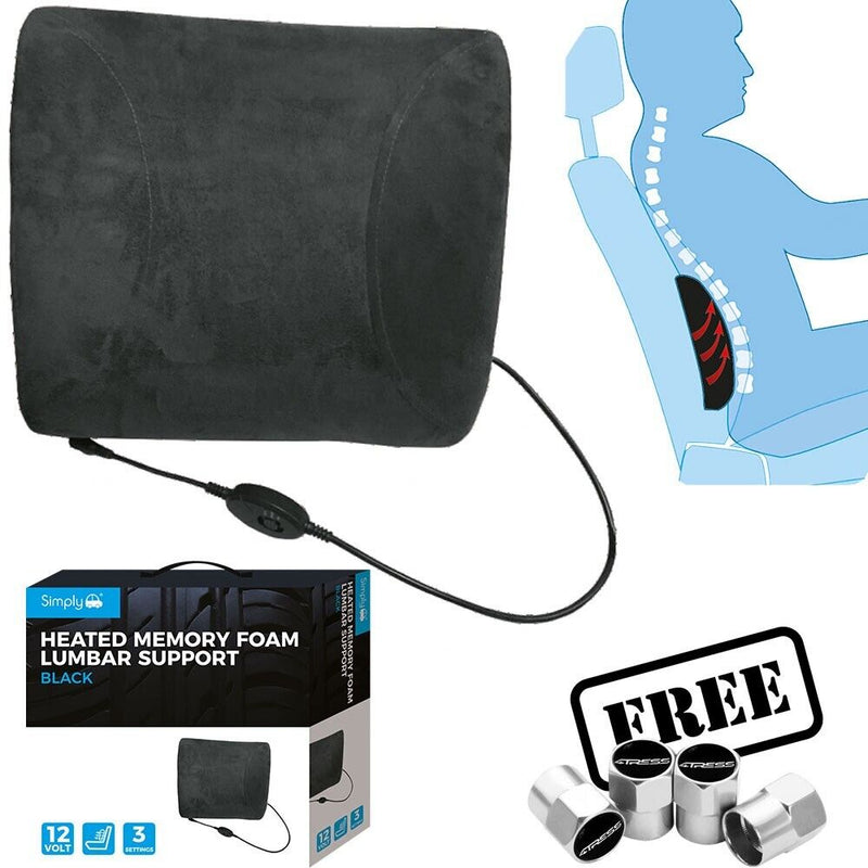 12v Car Van Heated Memory Foam Lumbar Lower Back Spine Pain Support Single Cushion +Caps