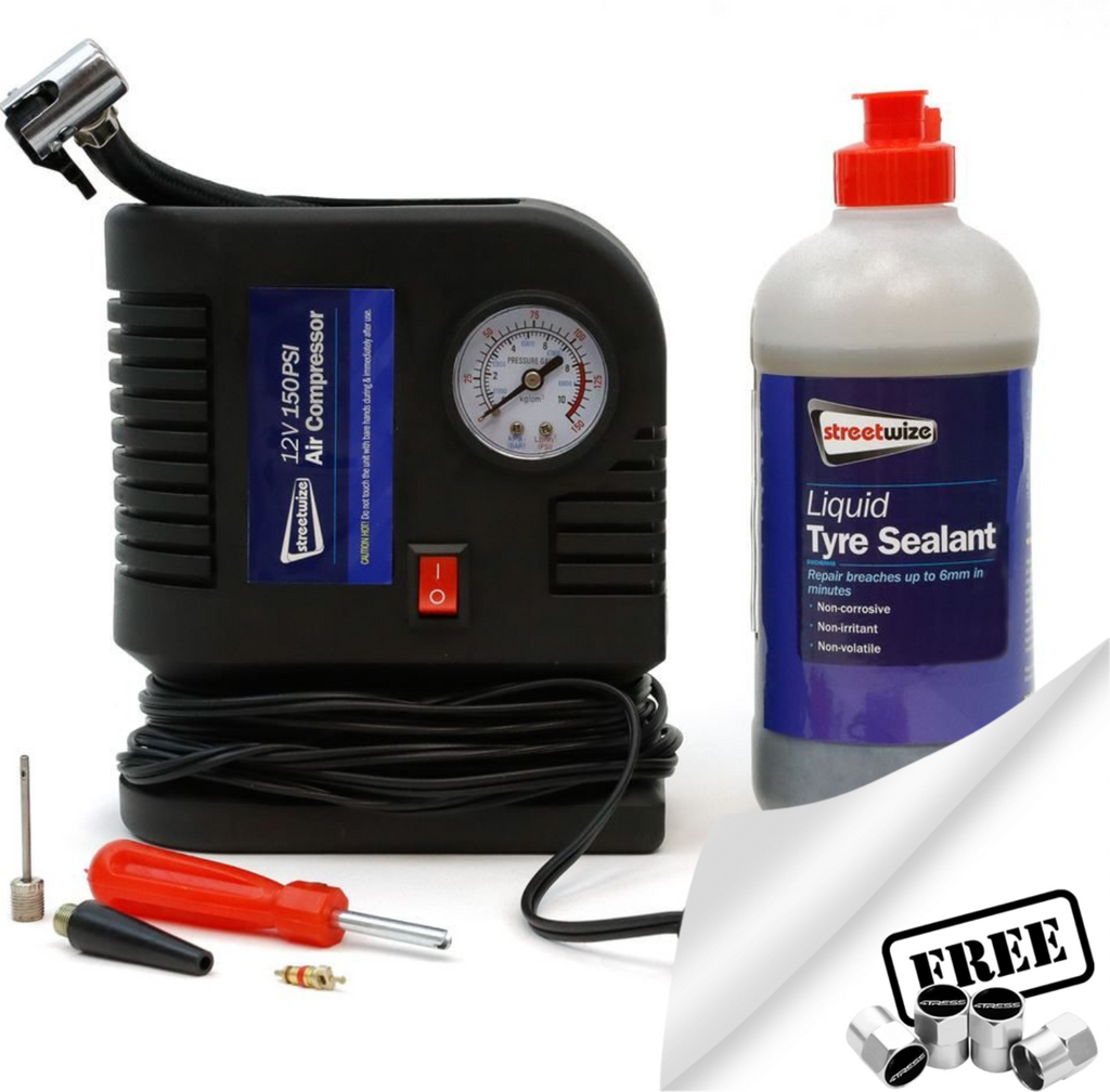 12v Car Tyre Air Compressor Pump+Flat Tyre Puncture Repair Sealant Kit SWCHEM48 +Caps