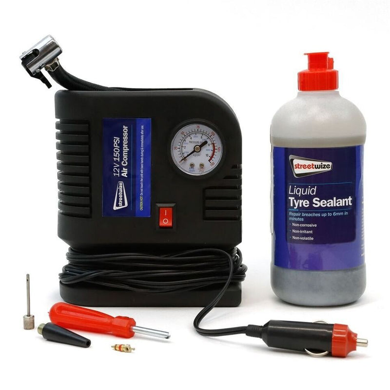 12v Car Tyre Air Compressor Pump+Flat Tyre Puncture Repair Sealant Kit SWCHEM48 +Caps