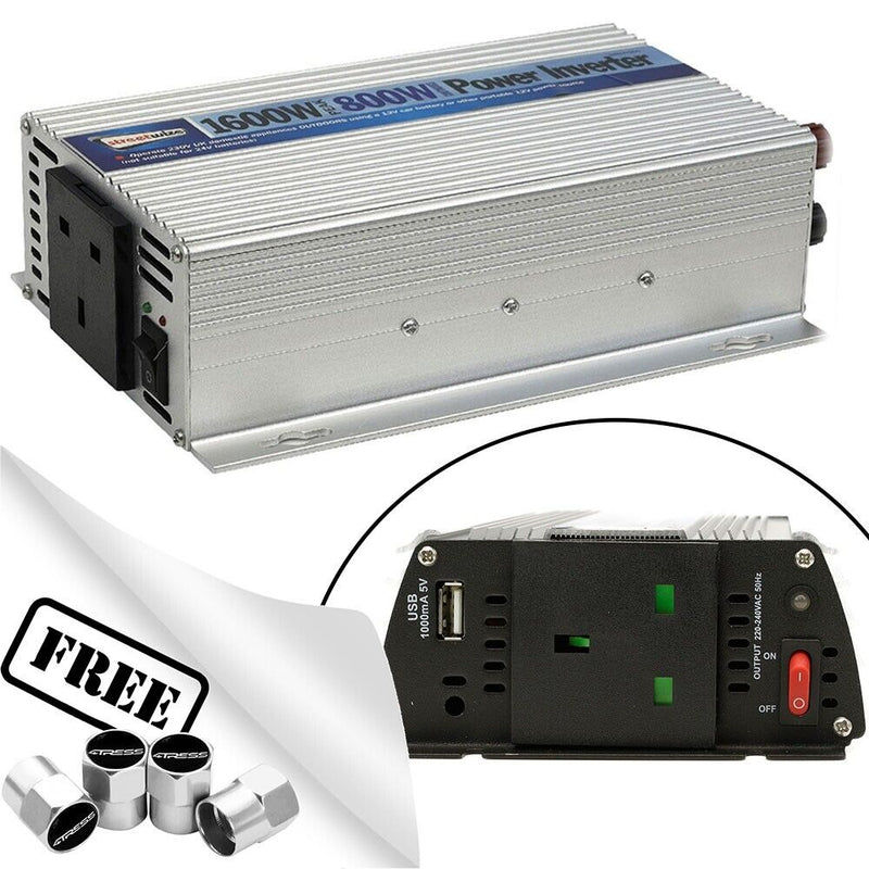 12v Car Battery to 230v Home Mains Socket USB 1600w Peak Power Inverter +Caps