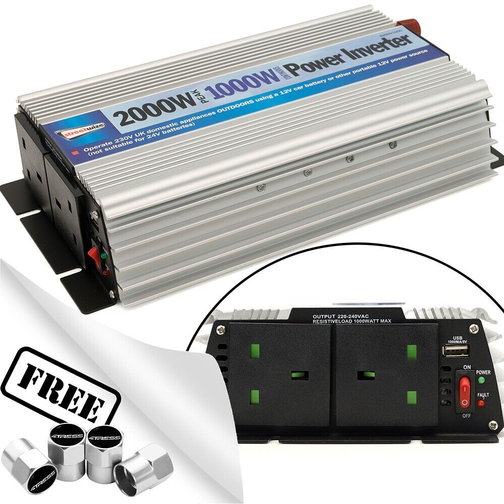 12v Car Battery to 230v Home Mains Socket USB 2000w Peak Power Inverter +Caps