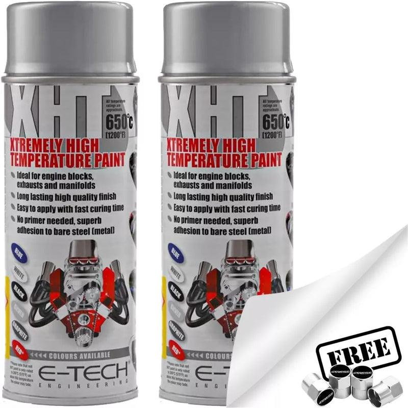 2 x  E-Tech SILVER High Temperature XHT VHT Spray Paint Engine Block Exhaust +Caps