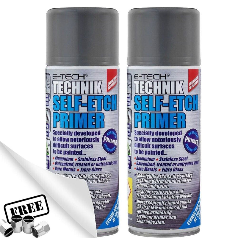 2x E-Tech Car Alloy Wheels Metal Glass SELF ETCH PRIMER Spray Paint + Caps