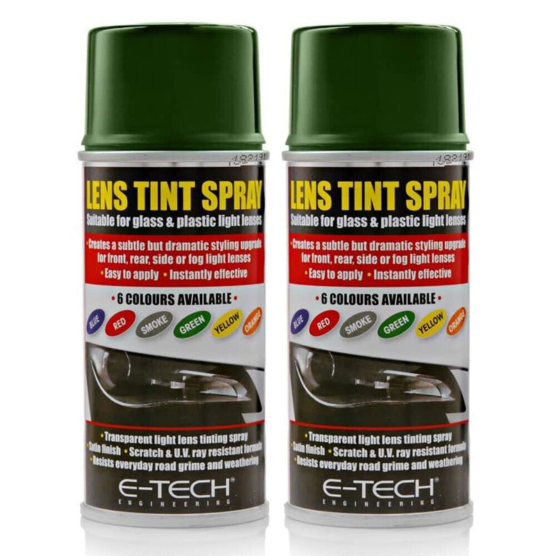 2x E-Tech  Green Lens Tint Spray Cans For Car Glass Plastic Light Lamp 150ml +Caps