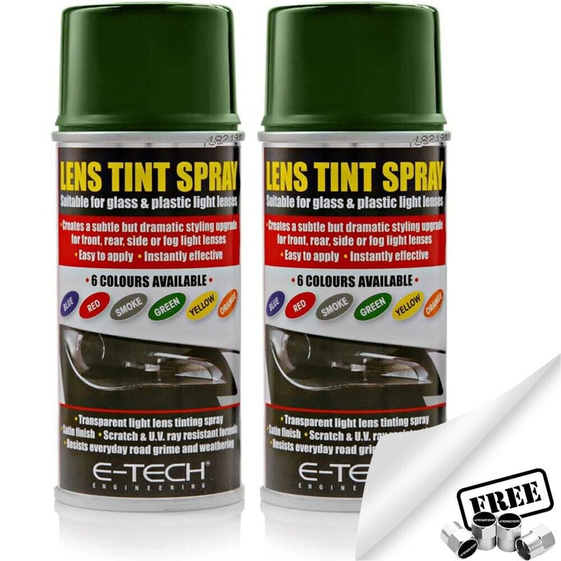2x E-Tech  Green Lens Tint Spray Cans For Car Glass Plastic Light Lamp 150ml +Caps