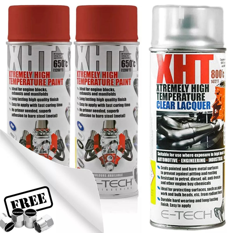 2x RED High Temperature XHT VHT Spray Paint + 1x Lacquer Engine Block Exhaust +Caps