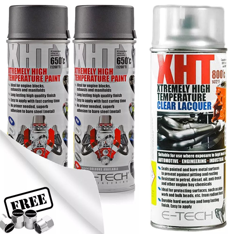 2x GRAPHITE Hi Temperature XHT VHT Spray Paint + 1x Lacquer Engine Block Exhaust +Caps