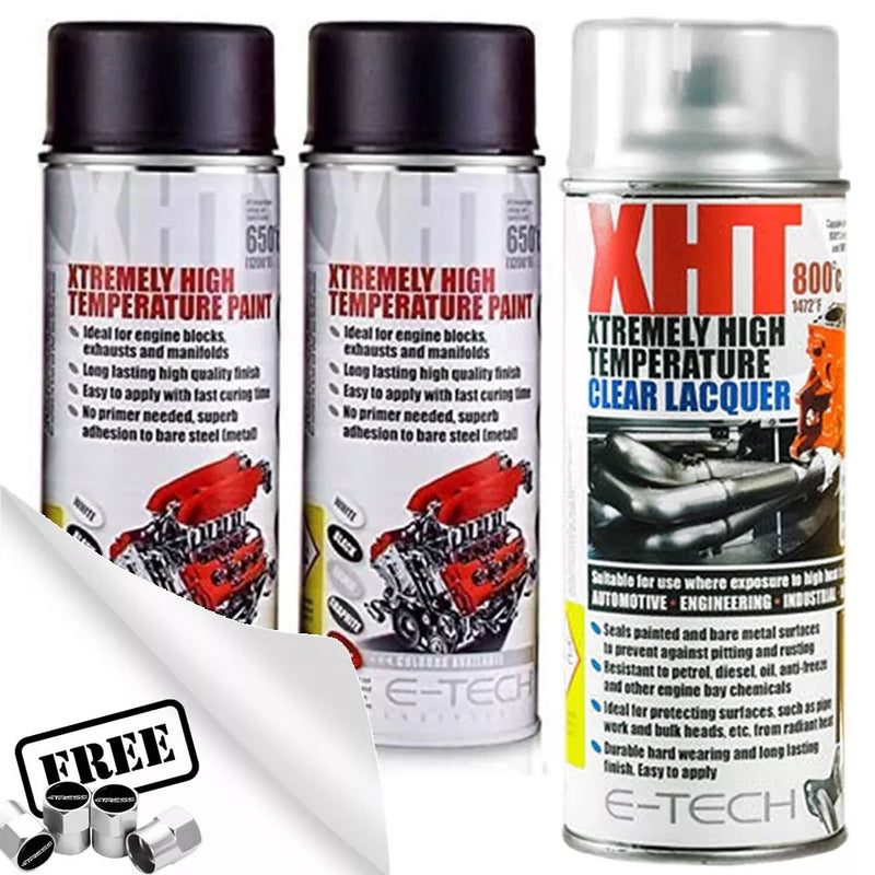 2x Hi Temperature XHT VHT BLACK Spray Paint + 1x Lacquer Engine Block Exhaust + Caps