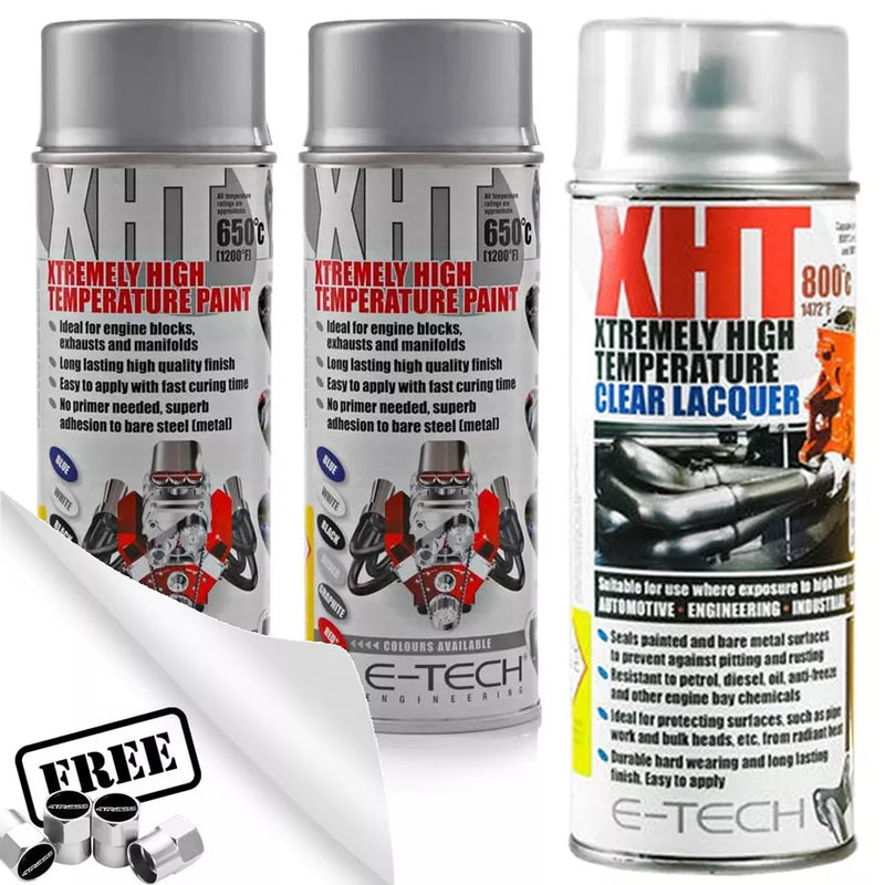 2x SILVER Hi Temperature XHT VHT Spray Paint + 1x Lacquer Engine Block Exhaust + Caps
