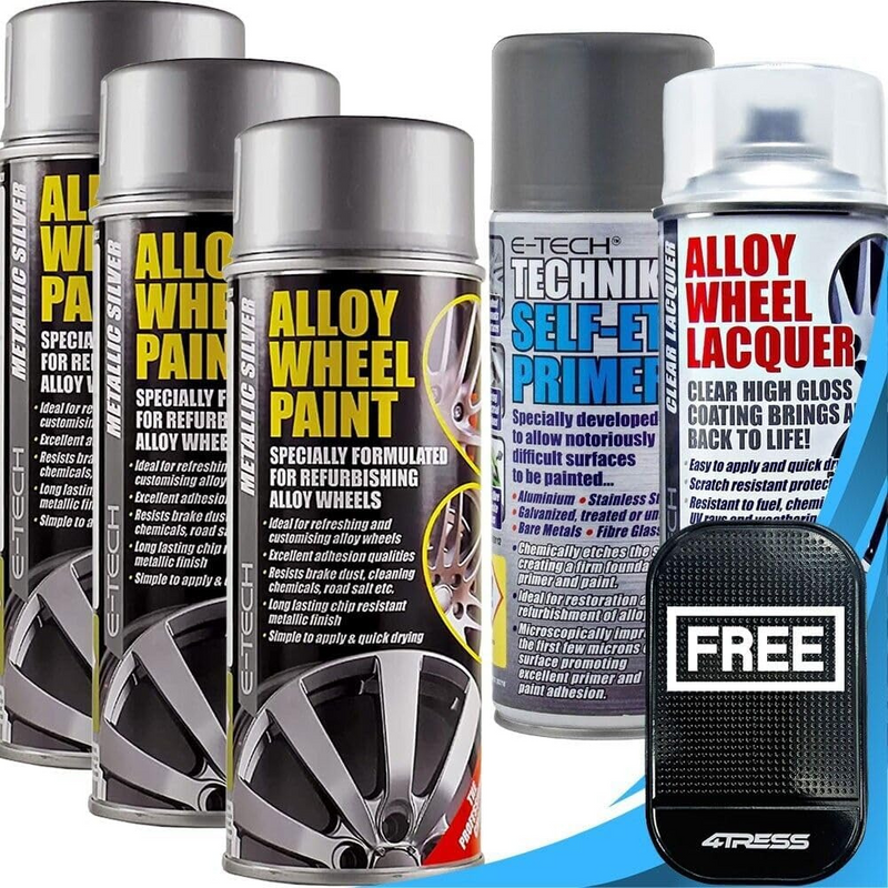 4TRESS E-Tech Alloy Wheel Spray Paint Set - Metallic Silver, Clear Lacquer, Grey Primer & Dash Mat