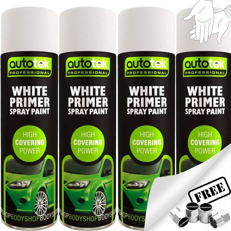 4x AUTOTEK WHITE PRIMER Aerosol Spray Paint Professional Hi Covering Power+G+Caps