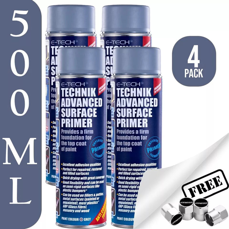 4x E-Tech Technik Advanced Repaired Surface Primer Spray Paint 500ml +Caps