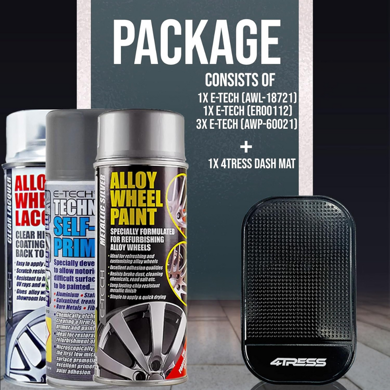 4TRESS E-Tech Alloy Wheel Spray Paint Set - Metallic Silver, Clear Lacquer, Grey Primer & Dash Mat