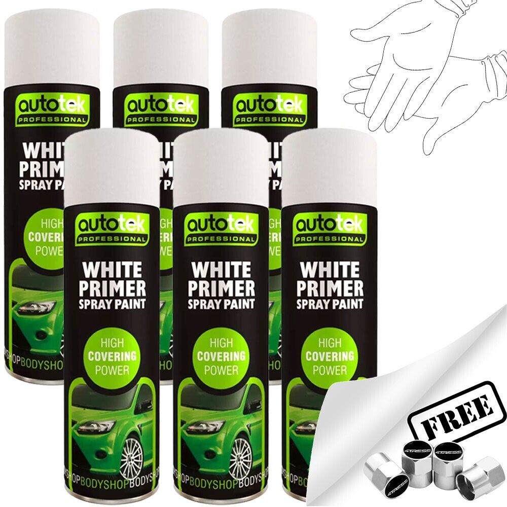 12x AUTOTEK WHITE PRIMER Aerosol Spray Paint Professional Hi Covering Power+G+Caps