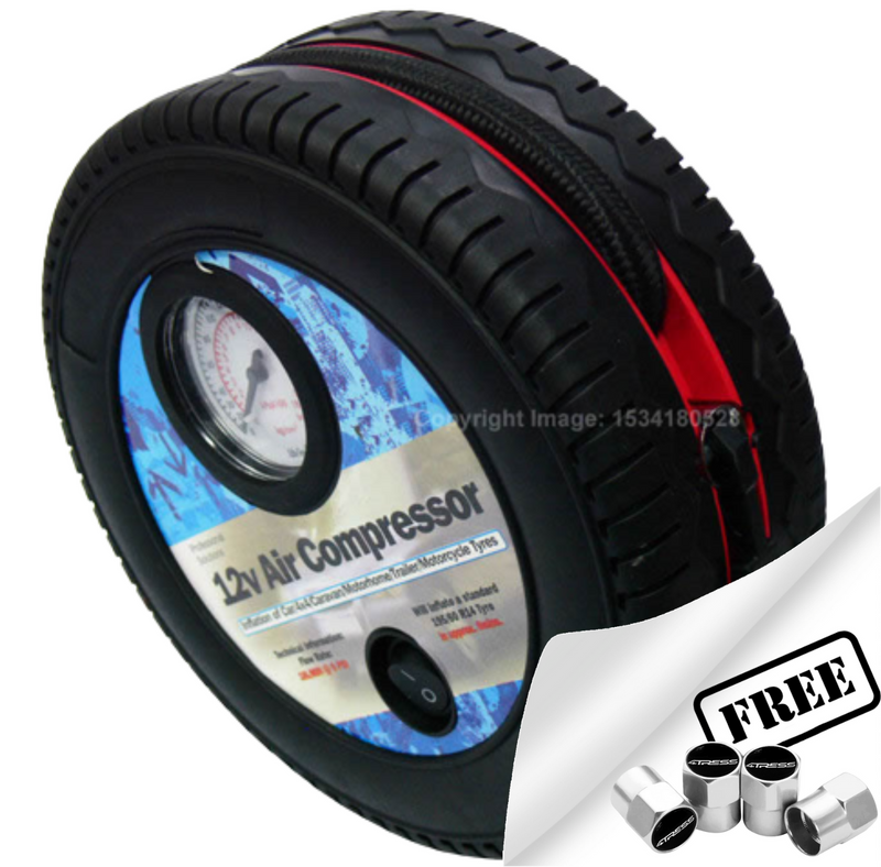 12v Car Mini Wheel Tyre Shape Air Compressor Quick Connect Inflator Pump +Caps