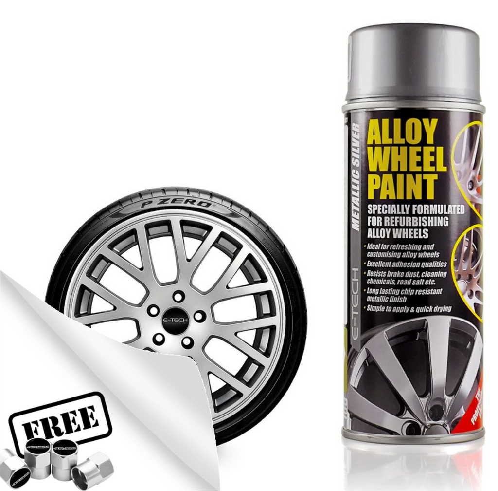 E-Tech METALLIC SILVER Car Alloy Wheel Wheels Refurbishment Spray Paint Can +Caps