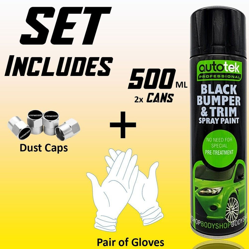 2 x Autotek Car BLACK BUMPER TRIM Spray Paint Restore Faded Plastic 500ml +G+C