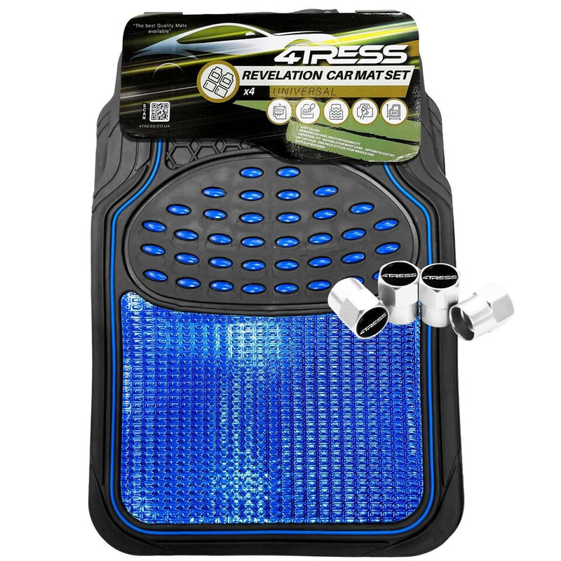 Black Shiny BLUE Car Rubber Mats Metallic Heavy Duty Non Slip +Caps