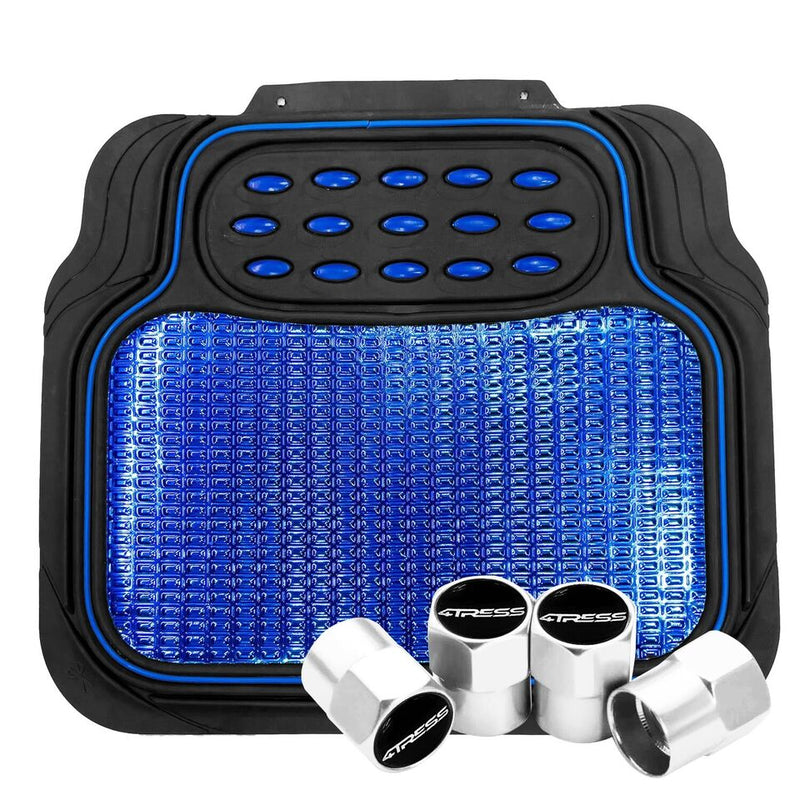Black Shiny BLUE Car Rubber Mats Metallic Heavy Duty Non Slip +Caps
