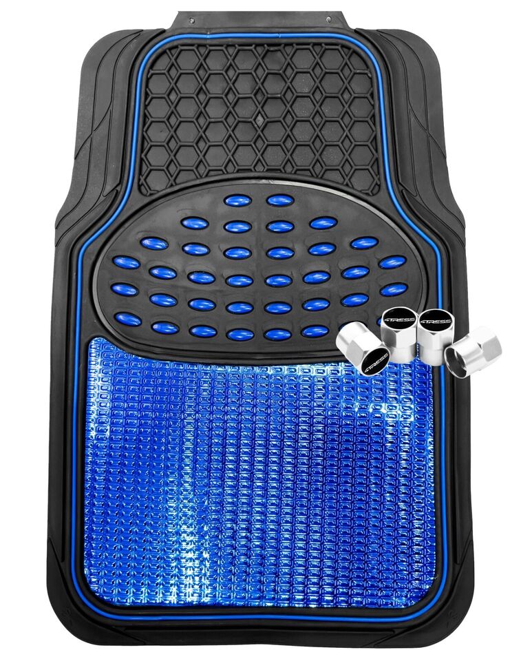 Black Shiny BLUE Car Rubber Mats Metallic Heavy Duty Non Slip +Caps