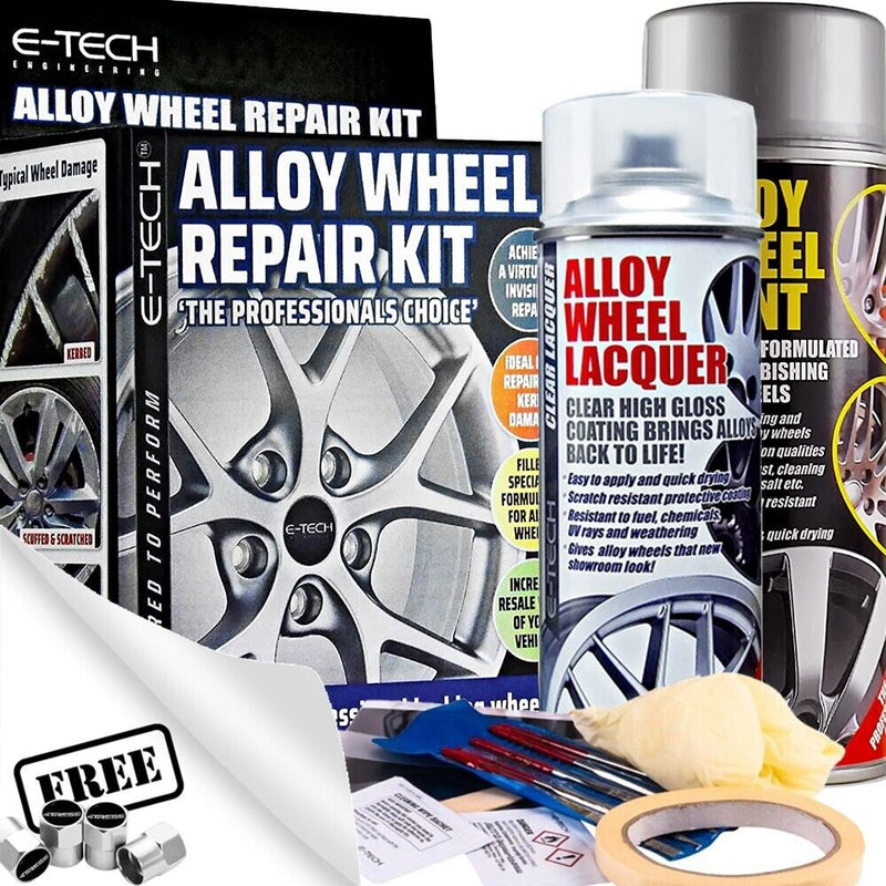 E-Tech SILVER Car Alloy Wheel Wheels Refurbishment Spray Paint Lacquer Repair Kit +Caps