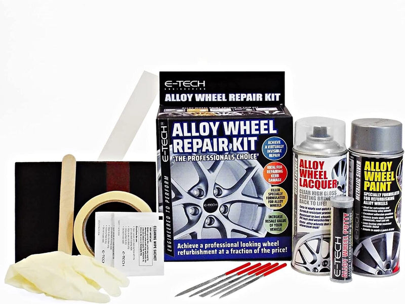 E-Tech SILVER Car Alloy Wheel Wheels Refurbishment Spray Paint Lacquer Repair Kit +Caps