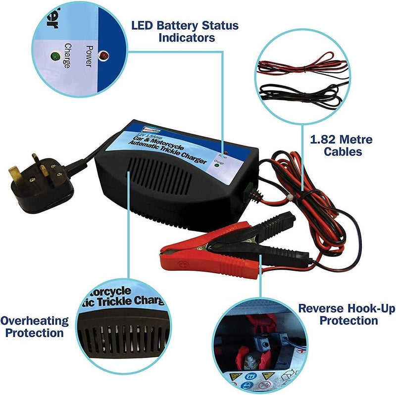 12v Car Bike Caravan Lead Acid Automatic Trickle Battery Charger 1.5A SWTBC +Caps