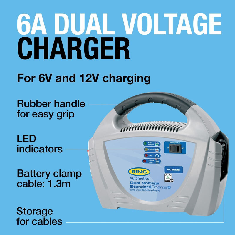 Ring RCB206 Dual Voltage StandardCharge6 6v 12v 6A 70Ah Car Bike Battery Charger +Caps