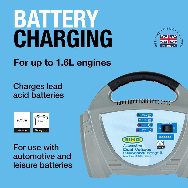 Ring RCB206 Dual Voltage StandardCharge6 6v 12v 6A 70Ah Car Bike Battery Charger +Caps