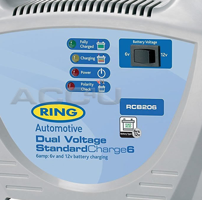 Ring RCB206 Dual Voltage StandardCharge6 6v 12v 6A 70Ah Car Bike Battery Charger +Caps