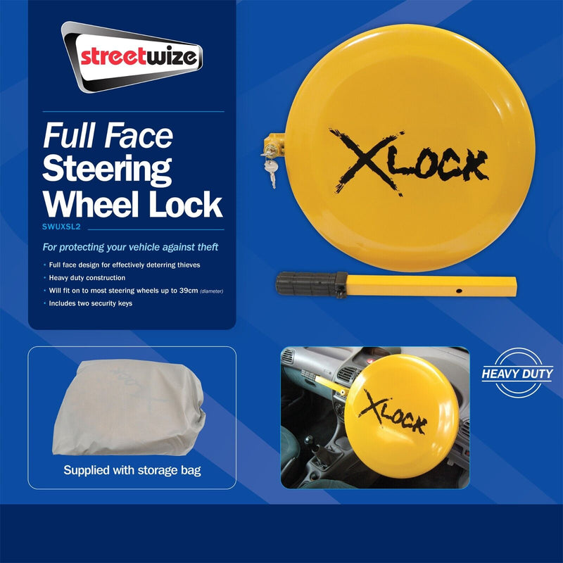 Streetwize Car Anti Theft High Security Full Face Disc Cover Steering Wheel Lock +Caps