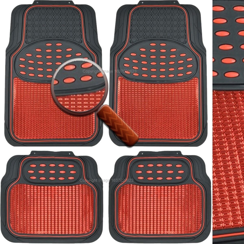 Revelation Shiny Red Metallic Checker Effect Heavy Duty Car Black Rubber Mats Set of 4 +Caps