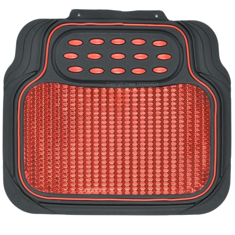 Revelation Shiny Red Metallic Checker Effect Heavy Duty Car Black Rubber Mats Set of 4 +Caps