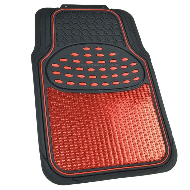 Revelation Shiny Red Metallic Checker Effect Heavy Duty Car Black Rubber Mats Set of 4 +Caps