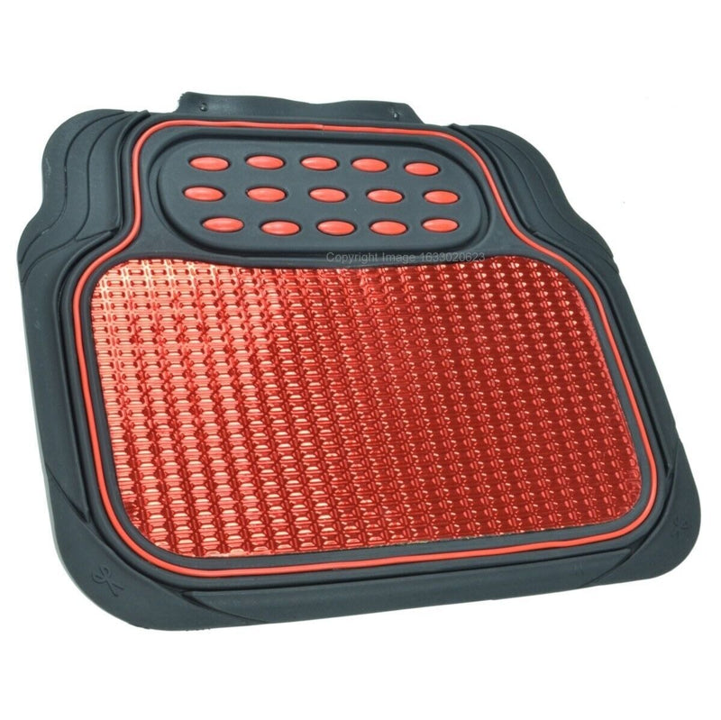 Revelation Shiny Red Metallic Checker Effect Heavy Duty Car Black Rubber Mats Set of 4 +Caps