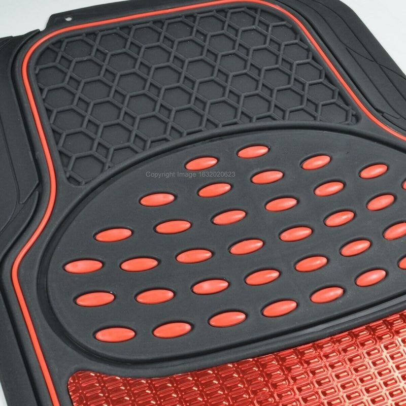 Revelation Shiny Red Metallic Checker Effect Heavy Duty Car Black Rubber Mats Set of 4 +Caps