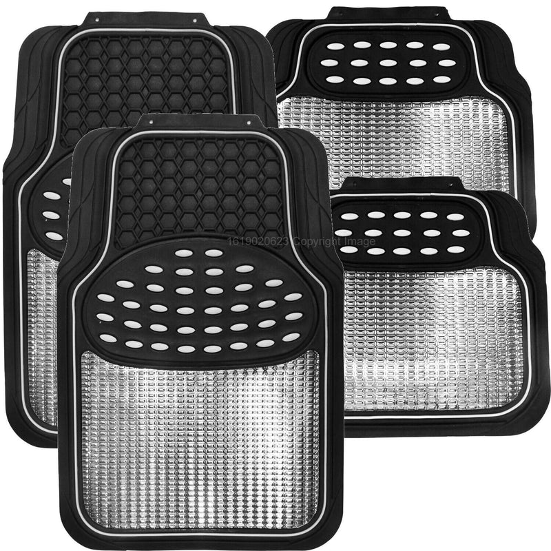 Revelation Silver Chrome Metallic Look Effect Heavy Duty Car Black Rubber Mats Set Of 4 +Caps