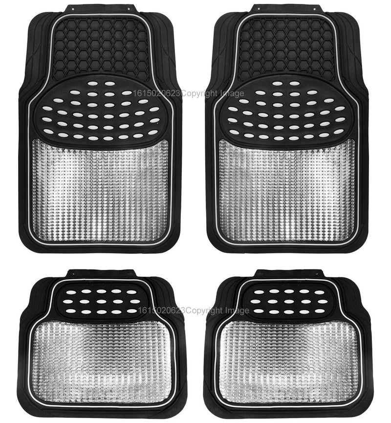 Revelation Silver Chrome Metallic Look Effect Heavy Duty Car Black Rubber Mats Set Of 4 +Caps