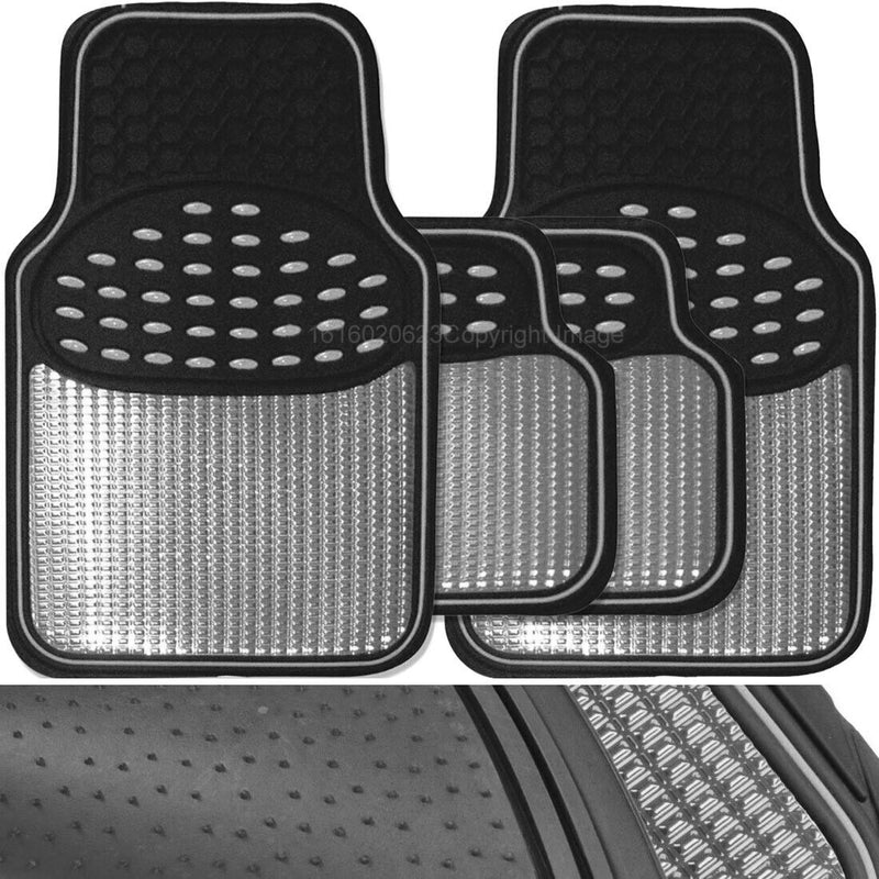 Revelation Silver Chrome Metallic Look Effect Heavy Duty Car Black Rubber Mats Set Of 4 +Caps