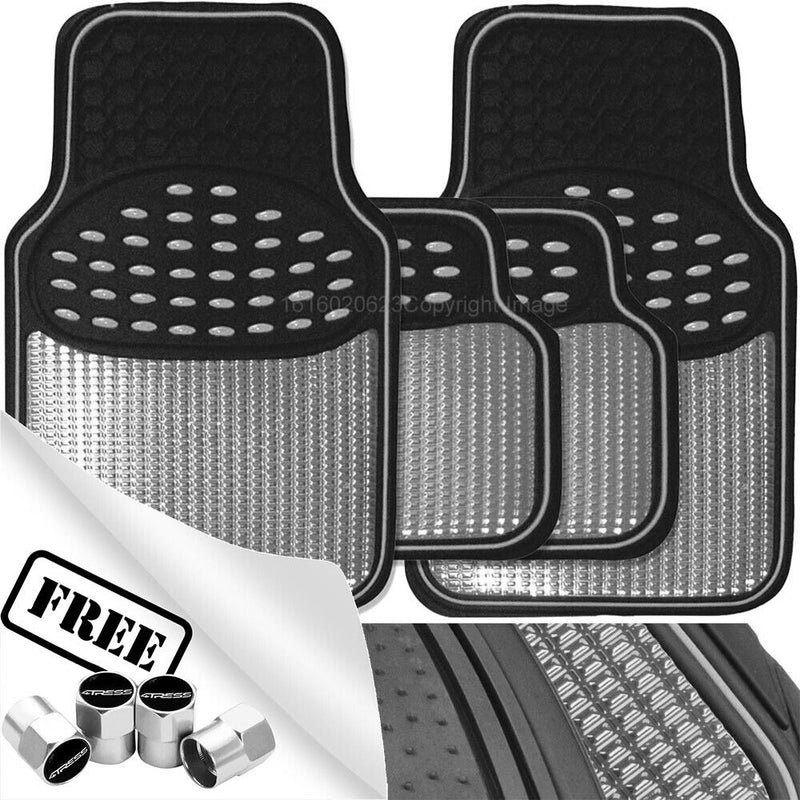 Revelation Silver Chrome Metallic Look Effect Heavy Duty Car Black Rubber Mats Set Of 4 +Caps