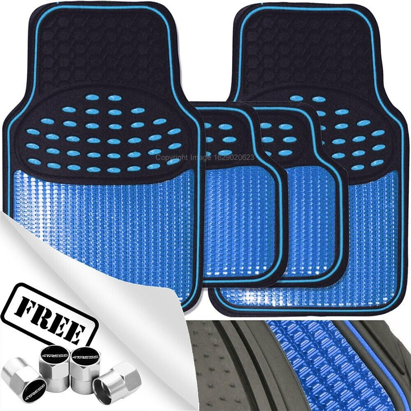 Revelation Shiny Blue Metallic Checker Effect Heavy Duty Car Black Rubber Mats Set of 4 +Caps