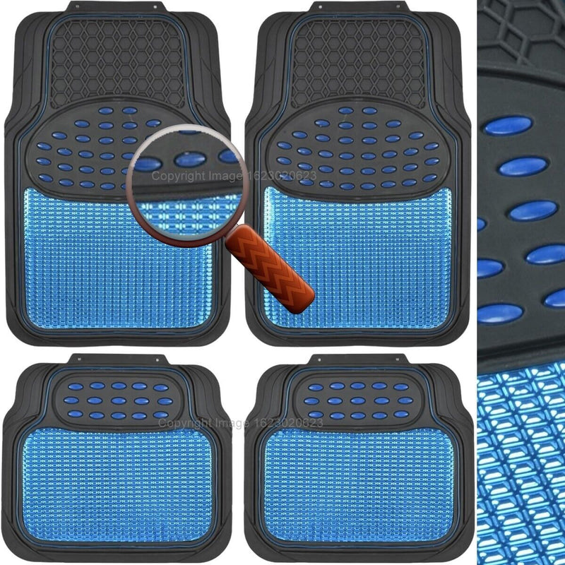 Revelation Shiny Blue Metallic Checker Effect Heavy Duty Car Black Rubber Mats Set of 4 +Caps