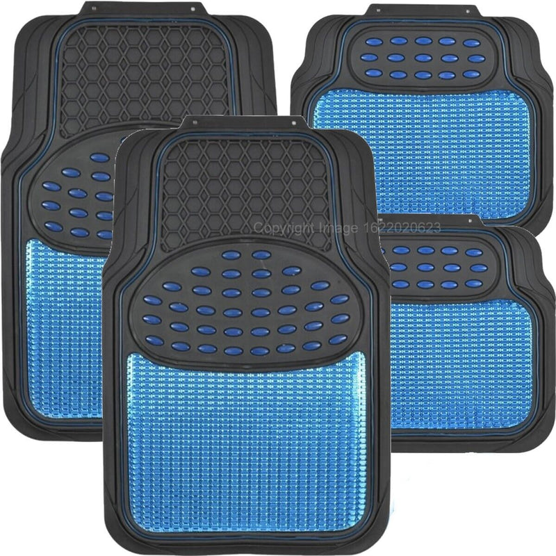 Revelation Shiny Blue Metallic Checker Effect Heavy Duty Car Black Rubber Mats Set of 4 +Caps